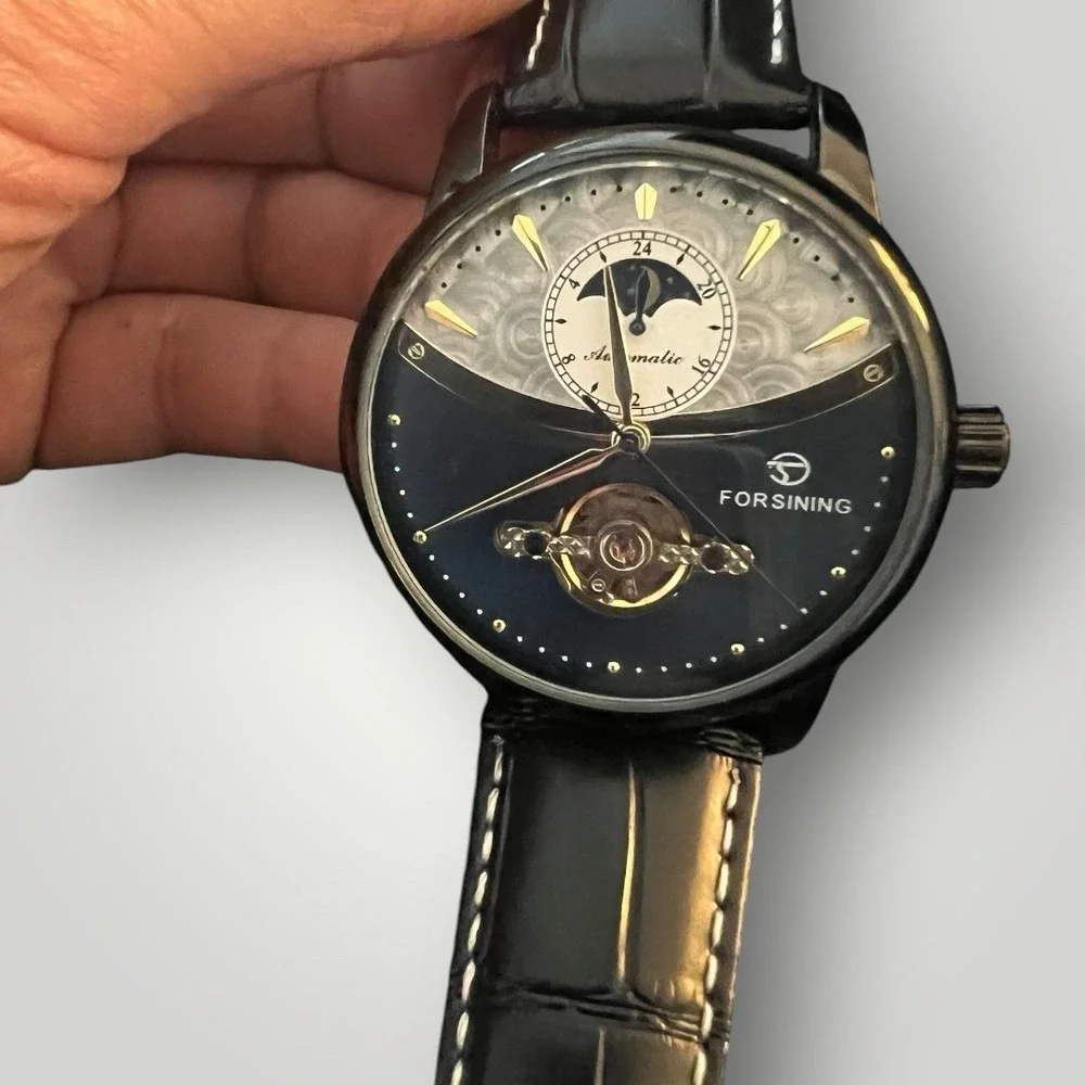 Forsining TM339 Automatic Mechanical Watch Moon Phase Open Heart Black Gold 43mm